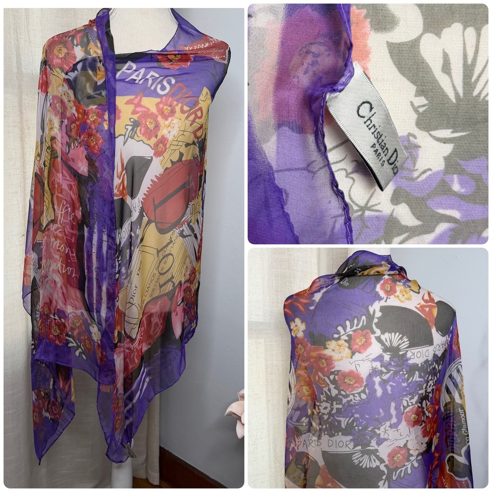 Christian Dior Silk Chiffon Scarf Floral Paris‎ Graphic Purple Italy  66"x27"
